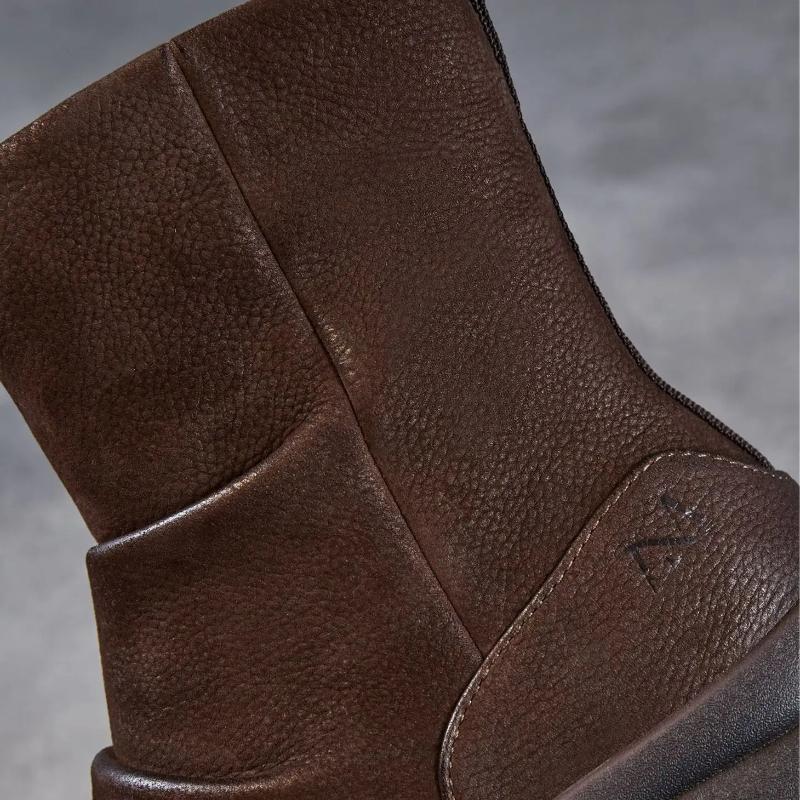 Johnature Genuine Leather Thick Soled Pleated Short Boots Side Zipper Soft Soled Cowhide Women's Boots