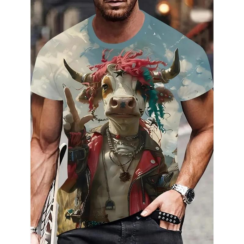 Summer Round Neck 3D Funny Bull Graphic Print Top Fashionable Casual Short Sleeved Men's T-shirts