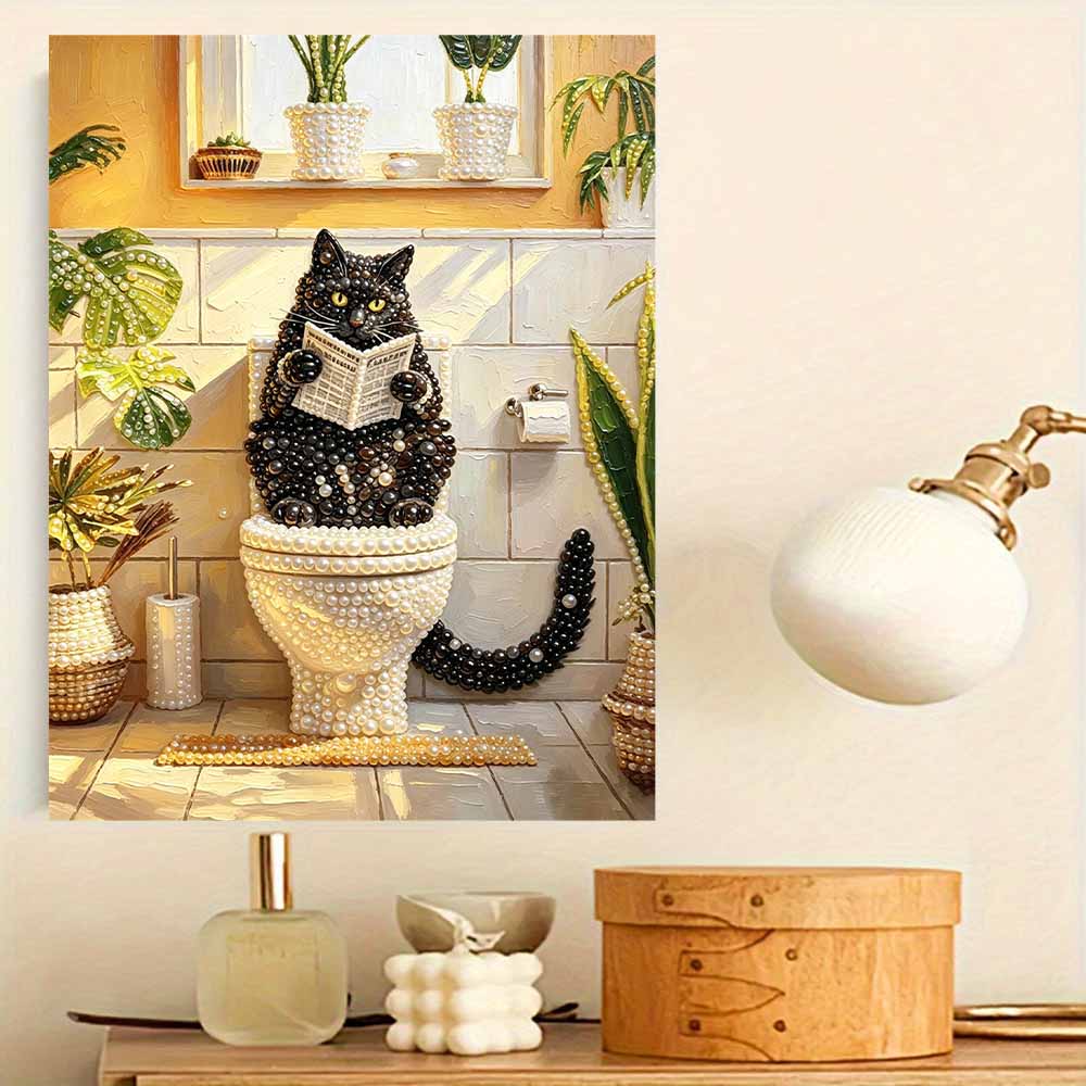 Elegant Framed Pearl Art DIY Set with Funny Black Cat Reading Newspaper 5D Sparkling Bead Canvas Painting Ready to Display Home Decor Gift