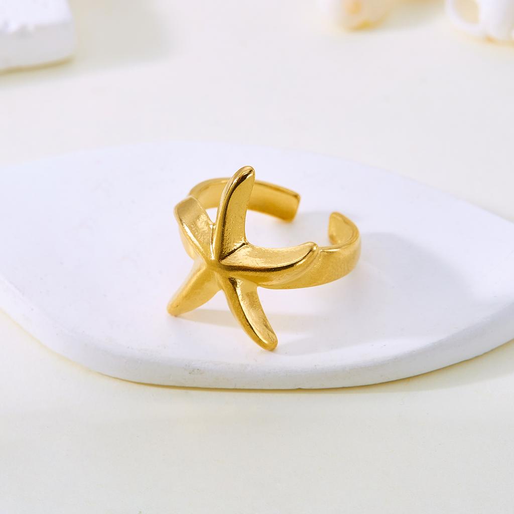 Stainless Steel Shell Rings For Women Vintage Gold Color Starfish Conch Adjustable Finger Ring Summer Ocean Beach Party Jewelry