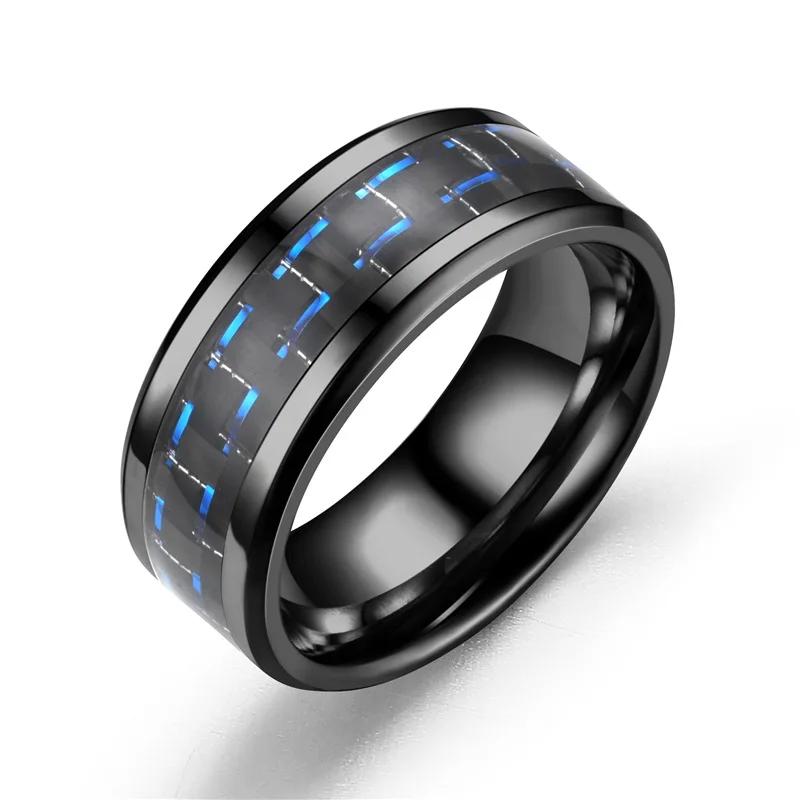 8MM Stainless Steel Black Carbon Fiber Ring Fashion Red/Blue Unisex Cool Charm  Gift for Men Women