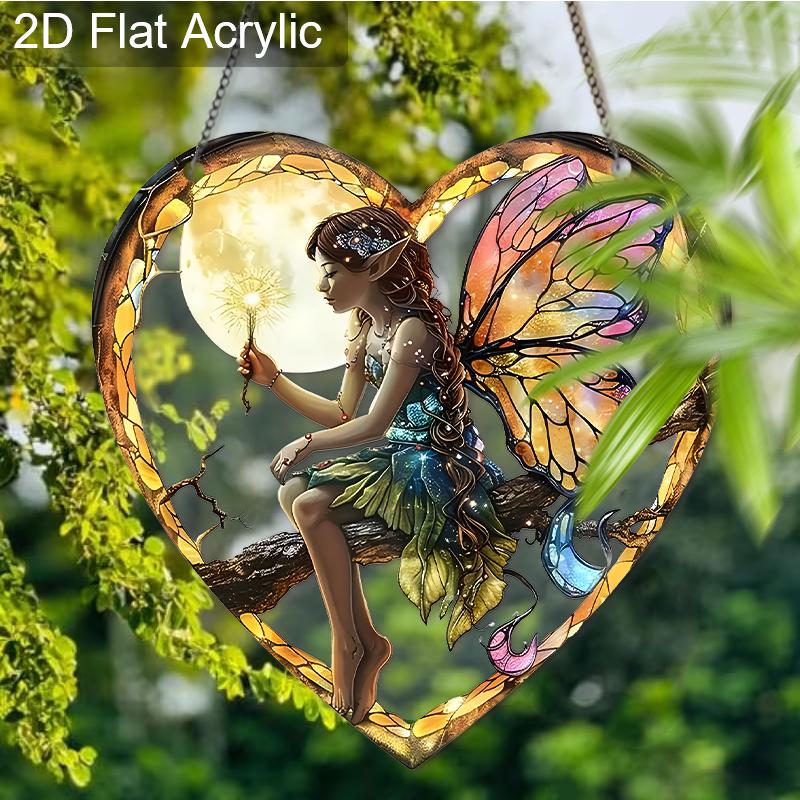 Acrylic Heart-Shaped Fairy with Moon Suncatcher, Stained Glass Style Window Hanging Ornament for Fantasy and Nature Lovers
