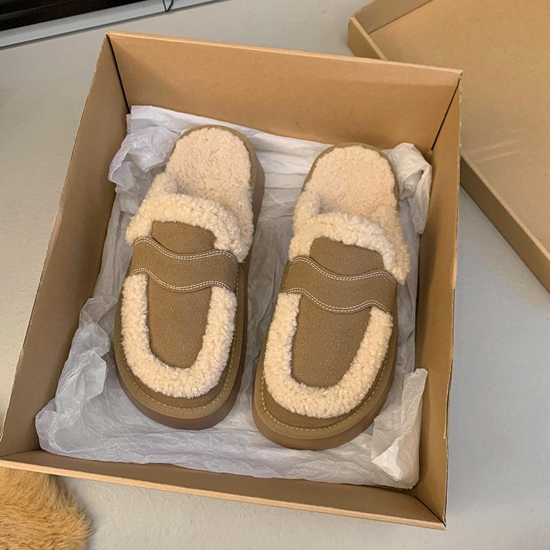 

Cotton slippers women wear in autumn and winter 2024 retro fashion plush warm fluffy indoor home bag head slippers tide 40 хакі