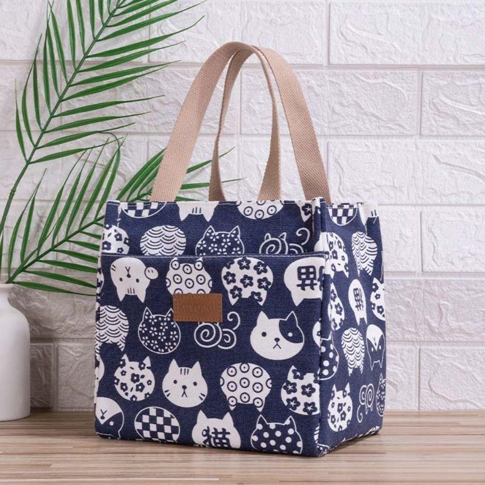Aesthetic Printed Cat Lunch Bag Large Capacity Canvas Food Container Canvas Bags Travel Picnic Lunch Bags
