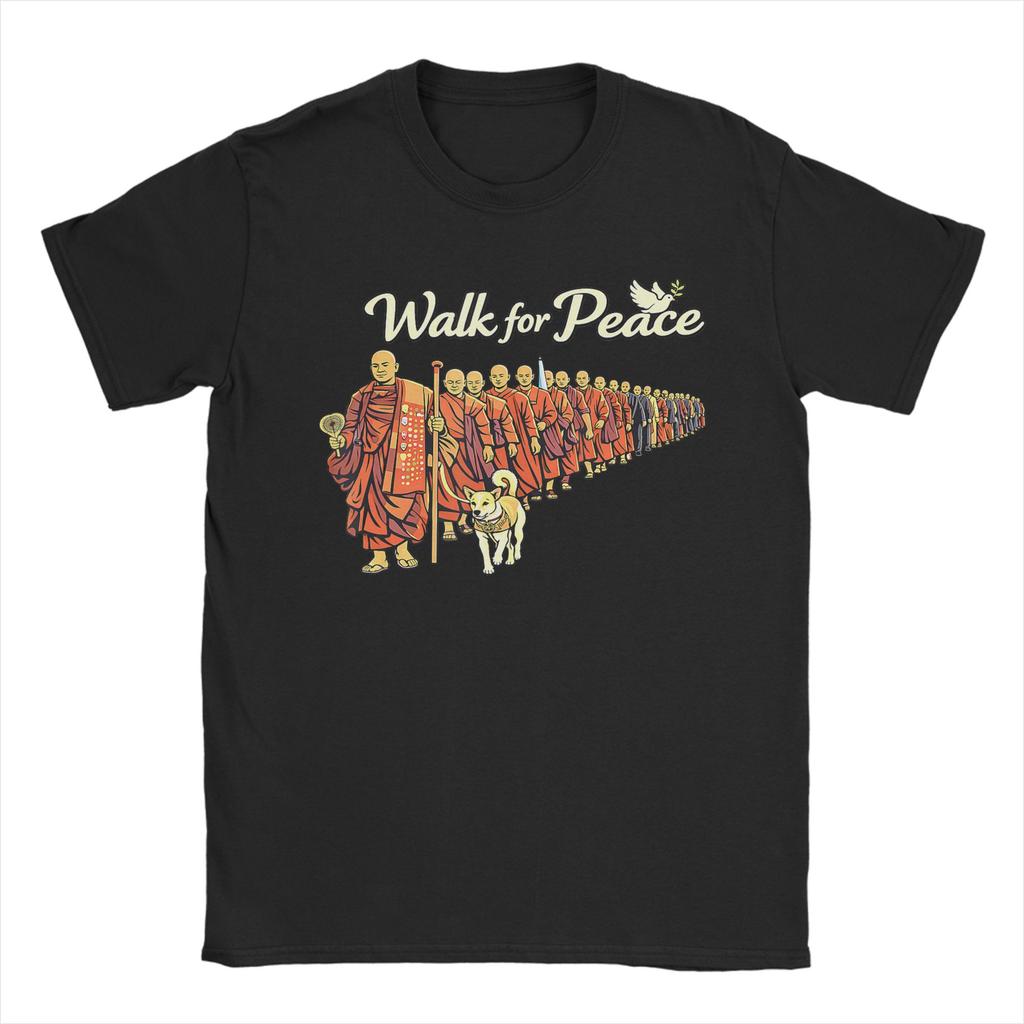 Retro Walk for Peace Monks with Aloka Dog Minimalist Zen Art TShirt Cotton T Shirts For Couple Tee Shirt ShortSleeve Top Tees