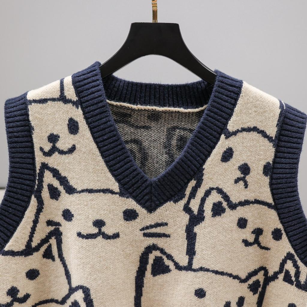 Chaleco de Punto para Mujer Gatito Retro Chaleco de Punto Suéter Holgado Top de Mujer