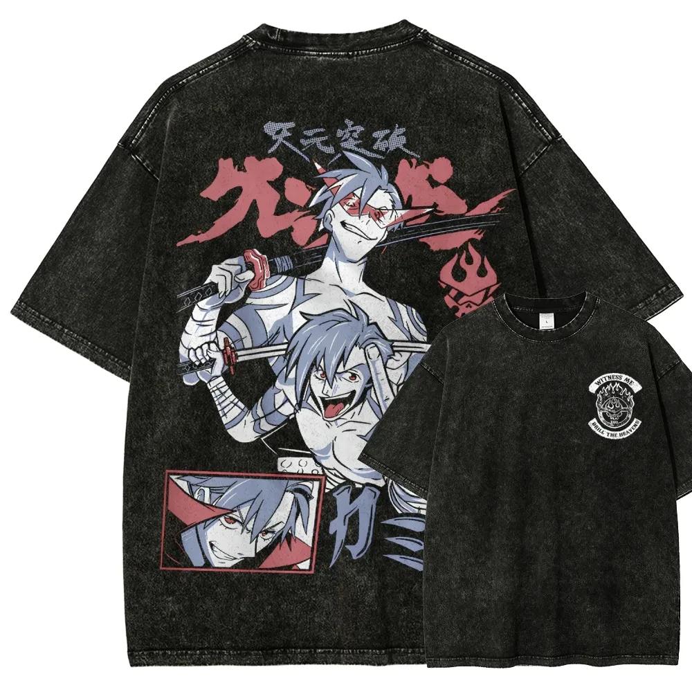 

Hot Blooded Sci-fi Mecha Anime Tengen Toppa Gurren-Lagann Peripherals Print Tee Oversized Men Women Retro Washed Cotton T-shirts L