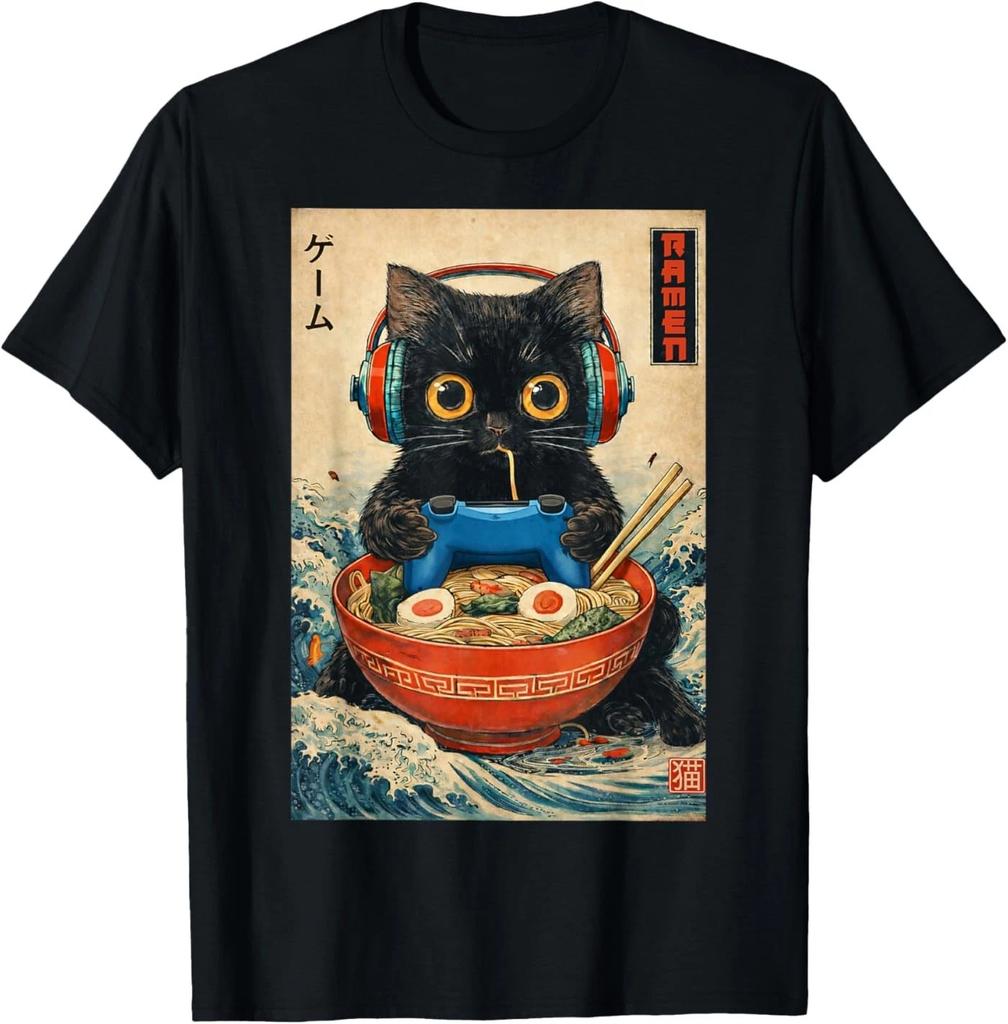 Cat Ramen Japanese Funny Graphic Tees Kawaii Cat Anime Gifts T-Shirt