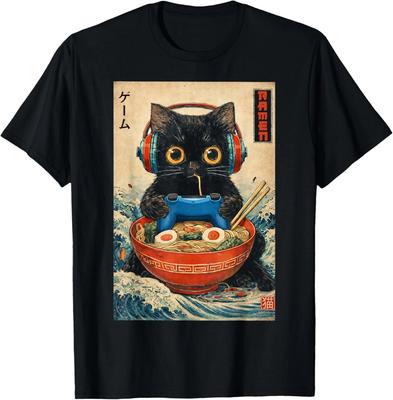 Kot Ramen Japońskie Śmieszne Graficzne Koszulki Kawaii Kot Anime Prezenty Koszulka