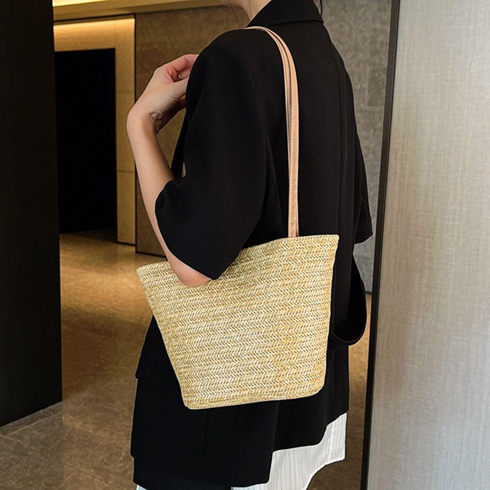 Woven Straw Bucket Bag Solid Color Shoulder Bag Portable Summer Beach Tote  Streetwear