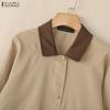 ZANZEA Women Splice Turn Down Collar Casual Long Sleeve Blouse