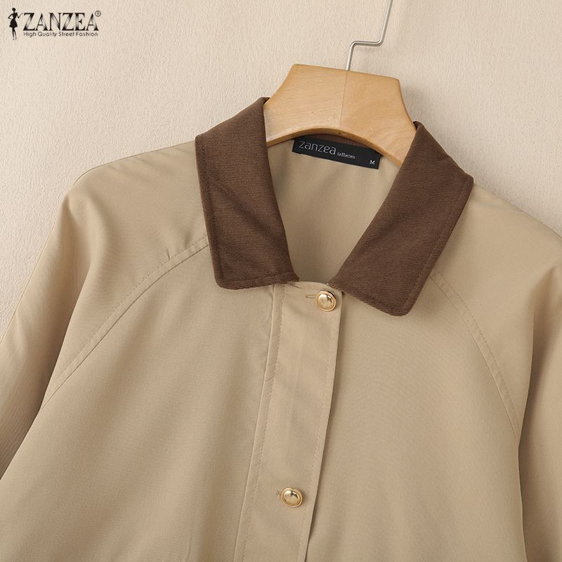 ZANZEA Women Splice Turn Down Collar Casual Long Sleeve Blouse