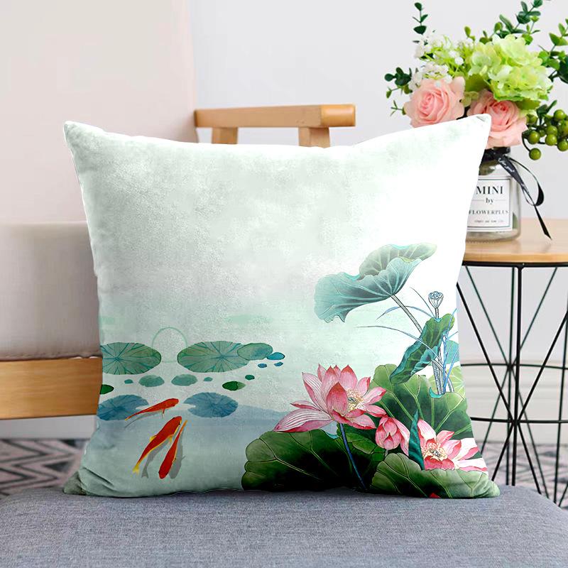 New Chinese Style Pillow Cushion Chinese Style Pillow Case Sofa Living Room Beige Lotus Zen Plush Back Pillow Case