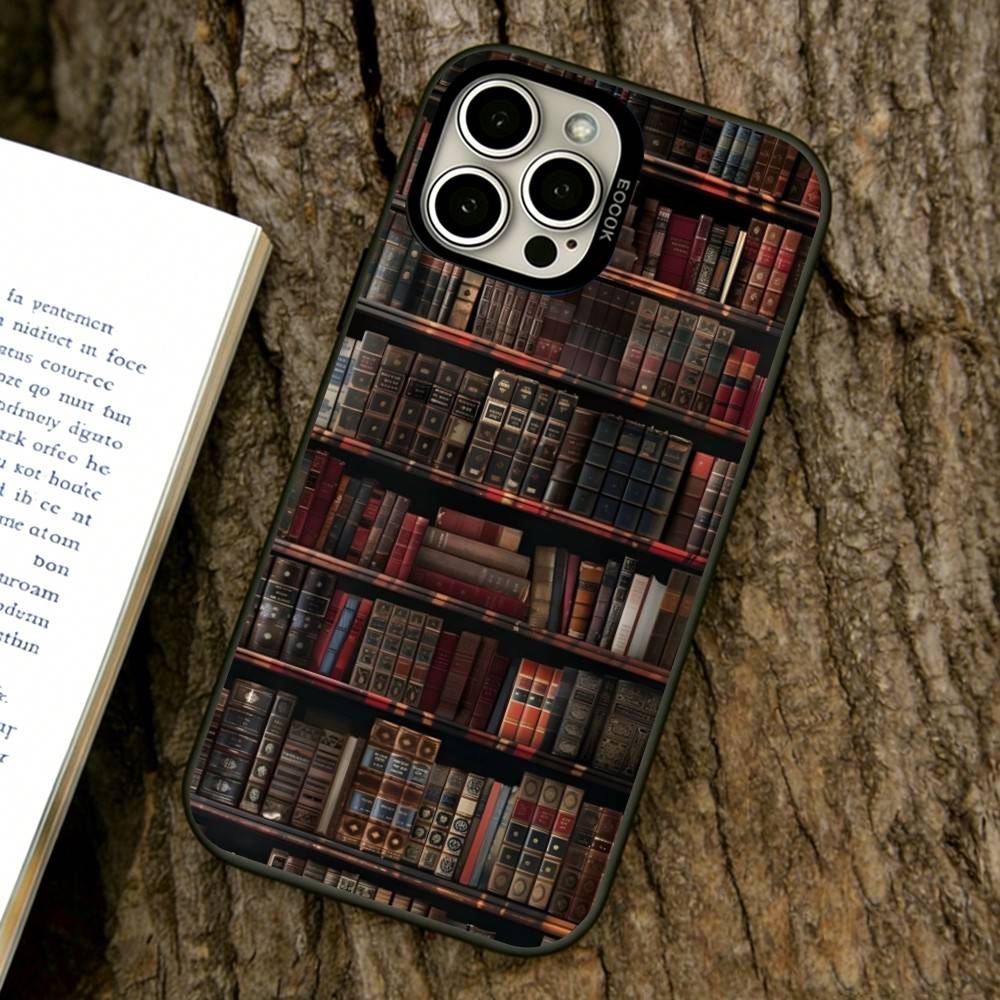 Estante de Livros Padrão Criativo Capa de Celular Para iPhone 17,16,15,14,13,12,11 Plus,Pro Max,XS,Prata Colorida Revestida Tampa Interna