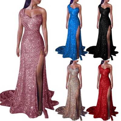 Club Party Women Sexy Plus Size Sequined One Shoulder Split Maxi Evening Dress