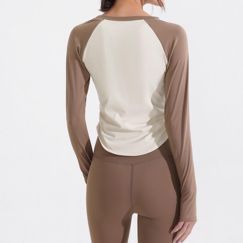 Damska szybkoschnąca plisowana koszulka do jogi z długim rękawem i kontrastowymi wstawkami
