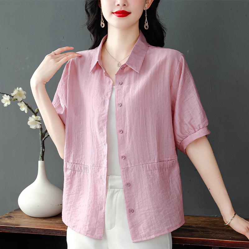 

Летние легкие свободные рубашки из хлопка и льна 2025 года — большие размеры, короткие рукава, привлекательный и дышащий дизайн для мам 4XL розовый