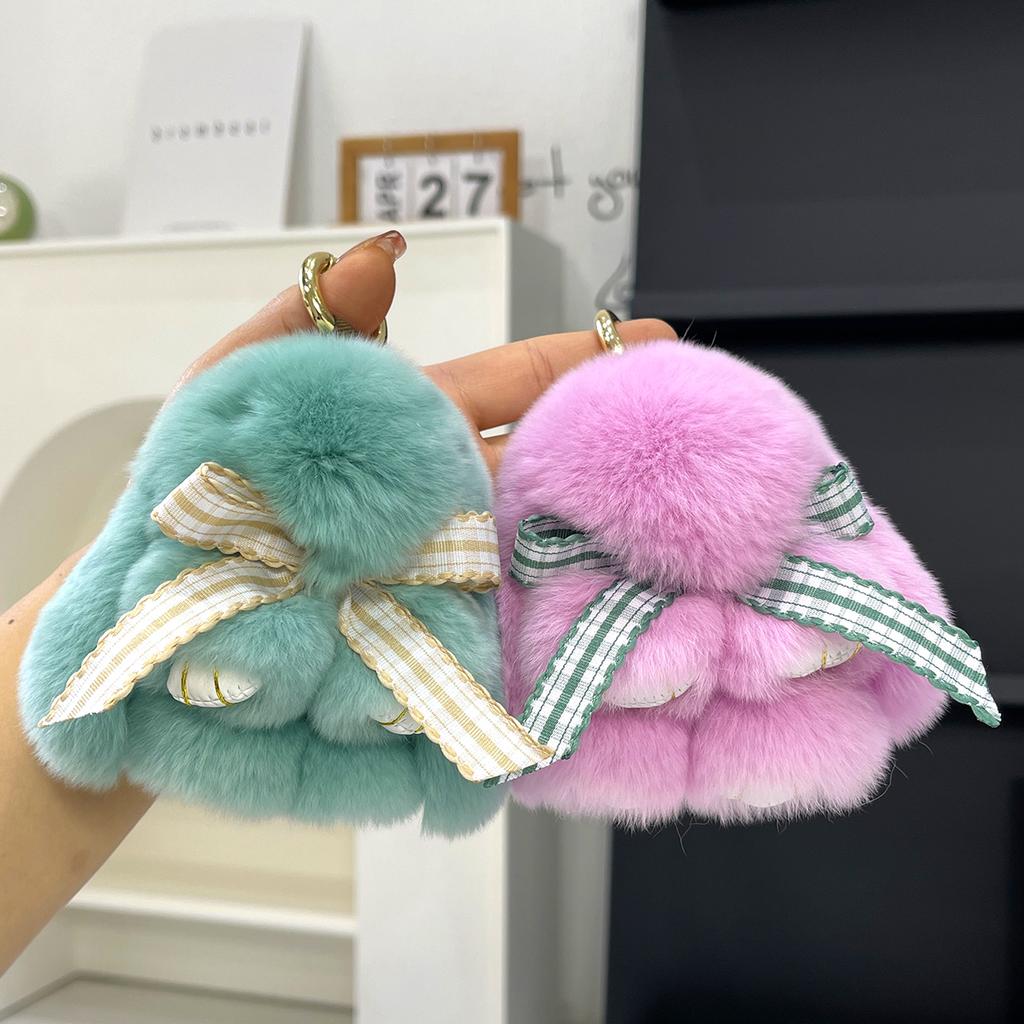 Real Rex Rabbit Hair Bowknot Little Rabbit Car Key Chain Pendant Cute Plush Drop Ear Rabbit Doll Bag Pendant