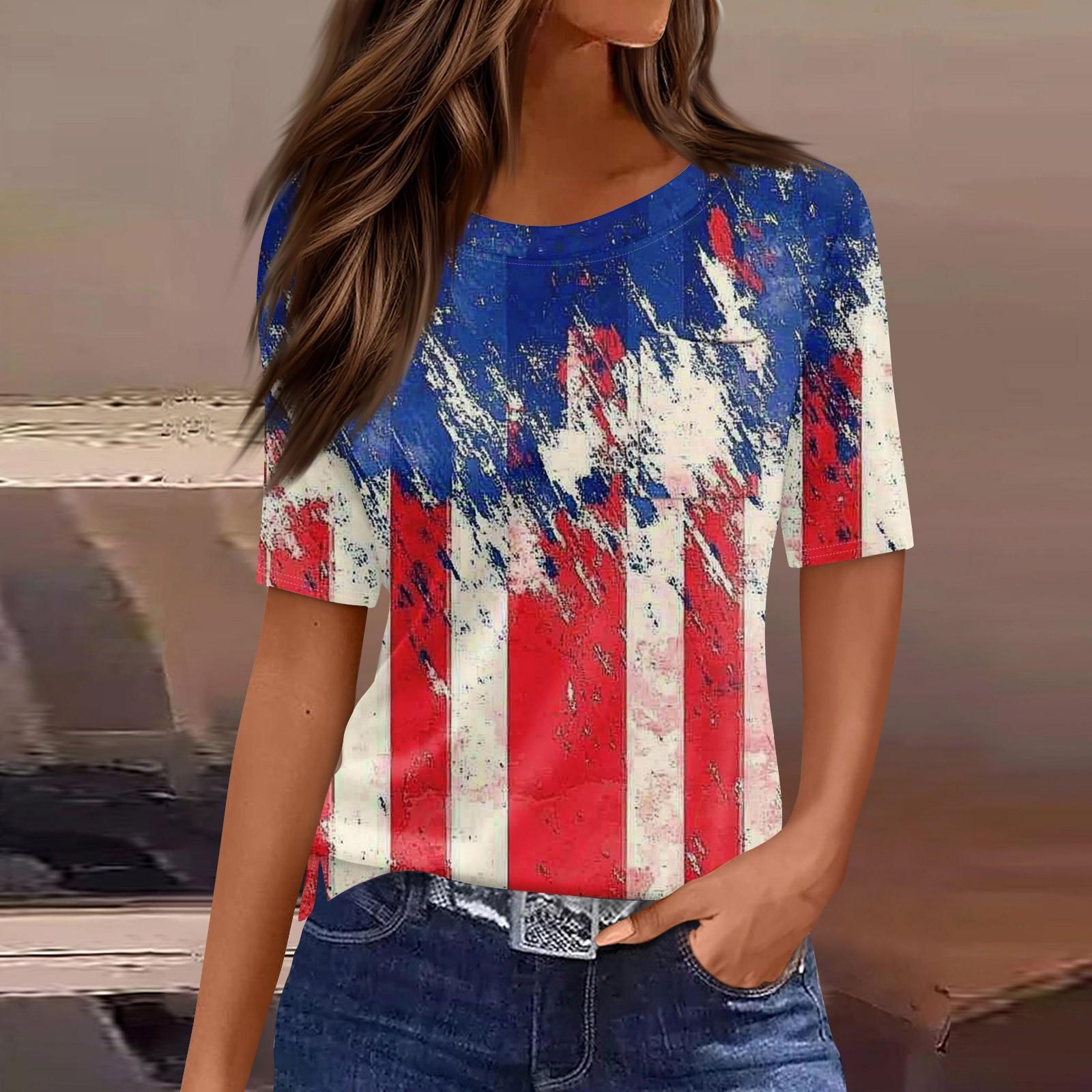 Women s Round Neck Pocket Independence Day Print Short Sleeve T-Shirt Top L