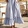 Sommer Gestreiftes Maxikleid für Damen Rundhalsausschnitt Ärmellos Rüschen A-Linie Schwingendes Kleid Strand Freizeit Fließendes Sommerkleid mit Taschen