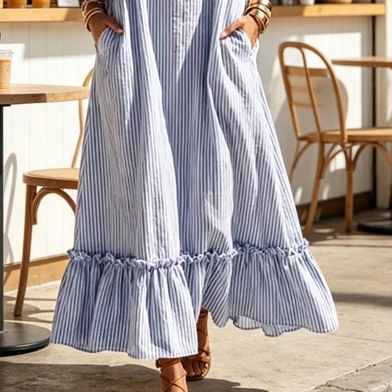 Sommer Gestreiftes Maxikleid für Damen Rundhalsausschnitt Ärmellos Rüschen A-Linie Schwingendes Kleid Strand Freizeit Fließendes Sommerkleid mit Taschen