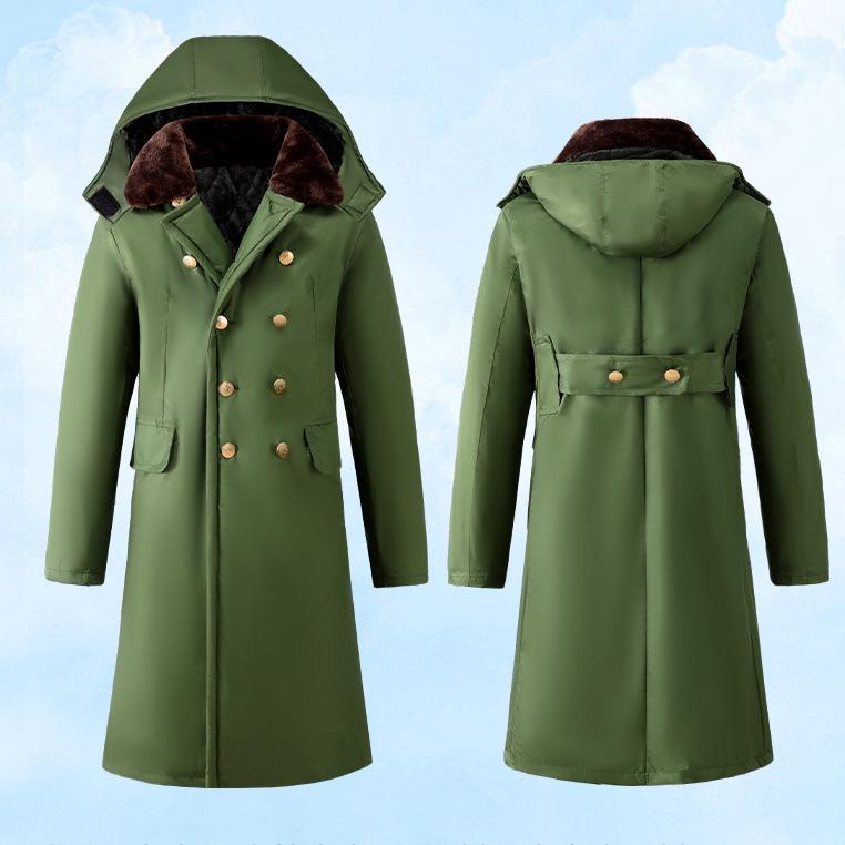 Men's Extra Long Winter Coat - Army Green, Waterproof, Windproof, Thickened Cotton with Removable Velvet Lining, Coldproof for Northeast Winters.
