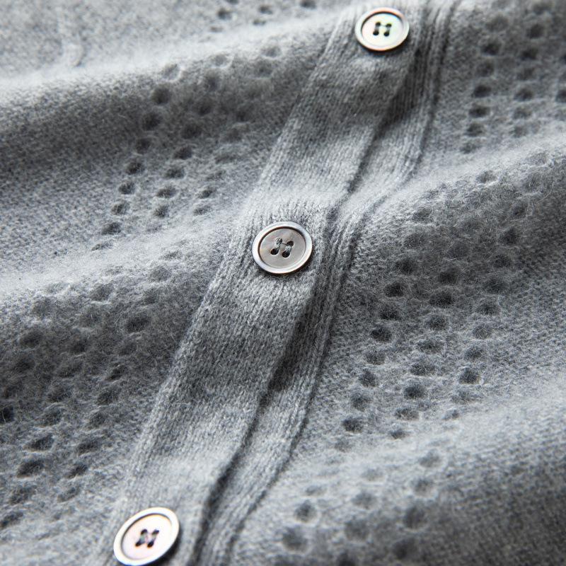 Pure Cashmere Women's V-Neck Cardigan with Elegant Hollow Diamond Pattern for Autumn/Winter