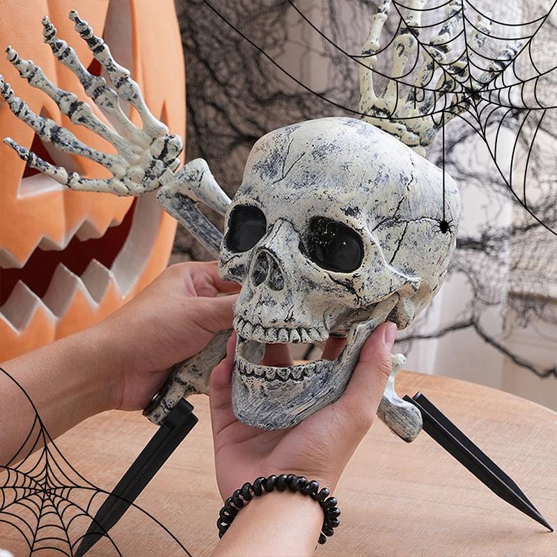 Halloween Realistic Skull Skeleton Head Human Hand Arms for Halloween Party Home Garden Lawn Decor Haunted House Horror Props