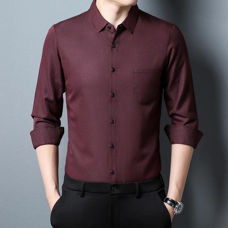 New Men's Casual Small Plaid Long Sleeved Lapel Shirt for Spring and Autumn Fashion Comfortable Wrinkle Free Top Without Ironing