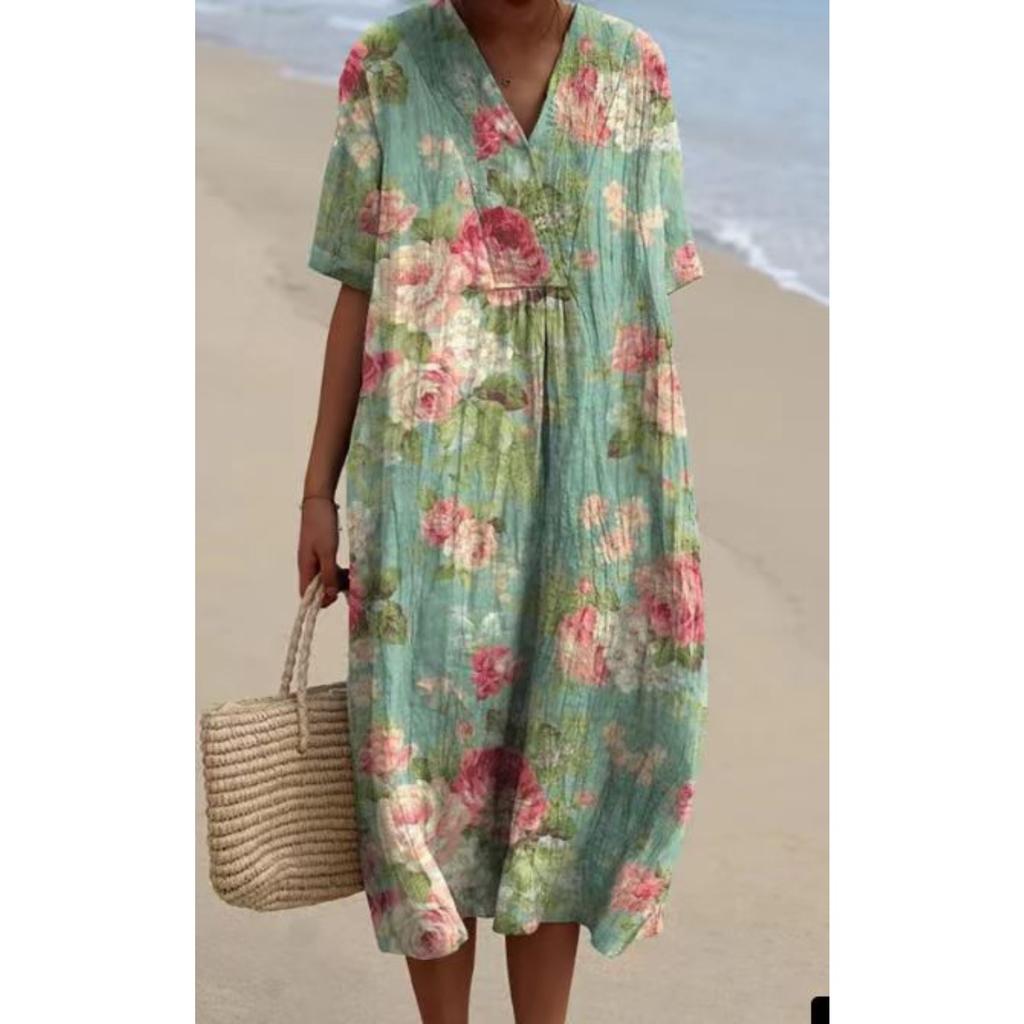 Women's V Neck Short Sleeve Slim Fit Floral Print Long Dress Casual Summer Dress
