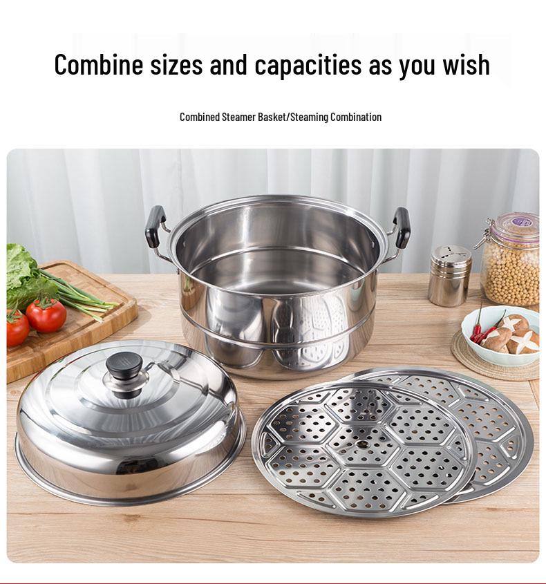 Large Stainless Steel Multi-Layer Steamer Pot for Steaming, Soup, and Fish, Compatible with Induction and Gas Stoves