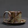Handcrafted Ceramic Coffee Cup and Saucer Set 7.4 Oz Mug with Unique Handle Rustic Glazed Finish Modern Design for Espresso Tea