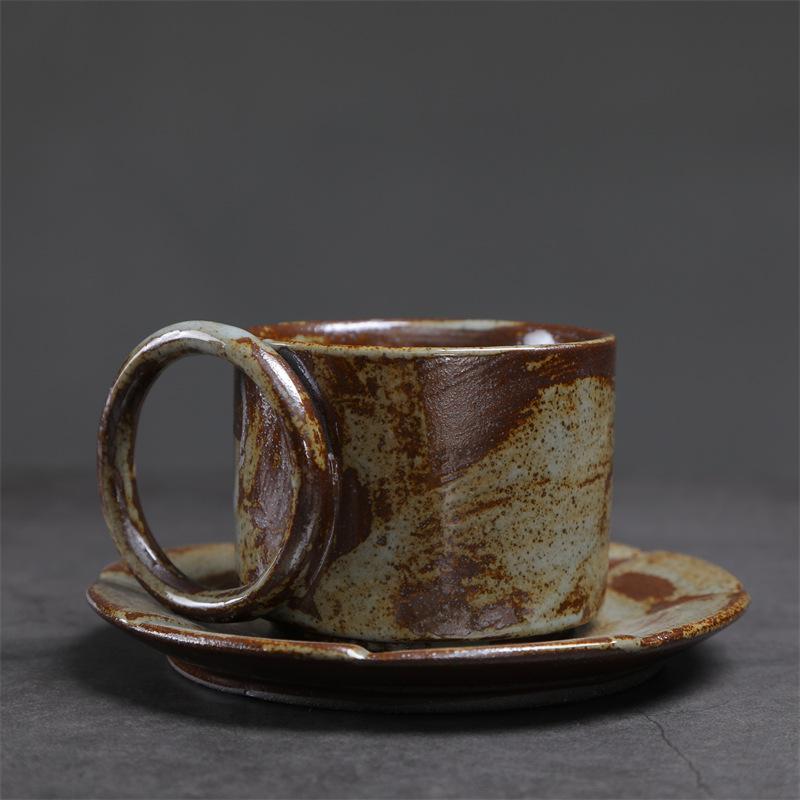 Handcrafted Ceramic Coffee Cup and Saucer Set 7.4 Oz Mug with Unique Handle Rustic Glazed Finish Modern Design for Espresso Tea