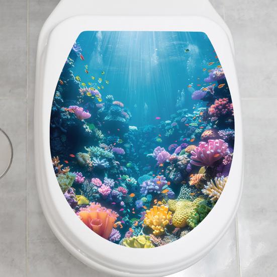 Nicht verblassende Heim-Badezimmer-Ornamente Meereswelt Toiletten-Aufkleber, Einfach abziehen & aufkleben Toilettendeckel Waschbare Schüssel-Dekorationen Aufkleber, Meereslandschaft Wandaufkleber