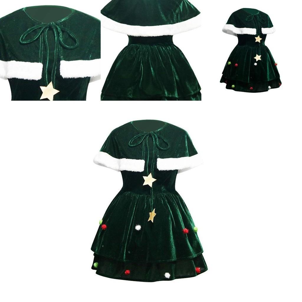 Gorgeous Women Christmas Tree Cosplay Costume Plus Size Xmas Dress Cloak Hat Party