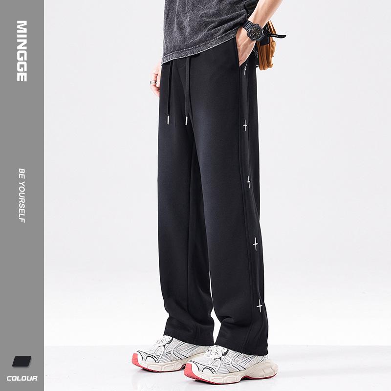 Minger | Spring New Cross Embroidery Heavy Sweatpants Men's American Trend Brand Loose Wide Leg Straight Pants