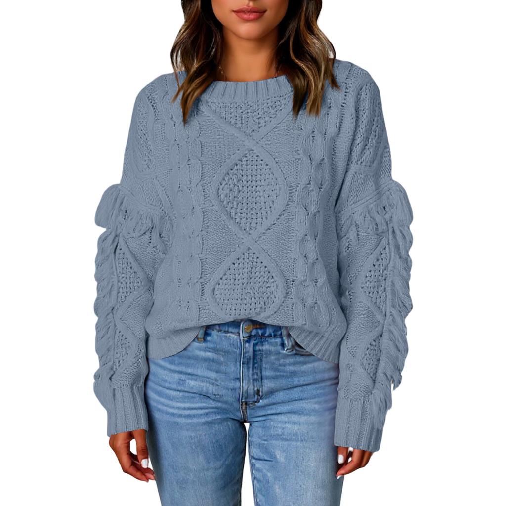 Women's Winter Loose Diamond Tassel Solid Color Pullover Round Neck Knitted Sweater