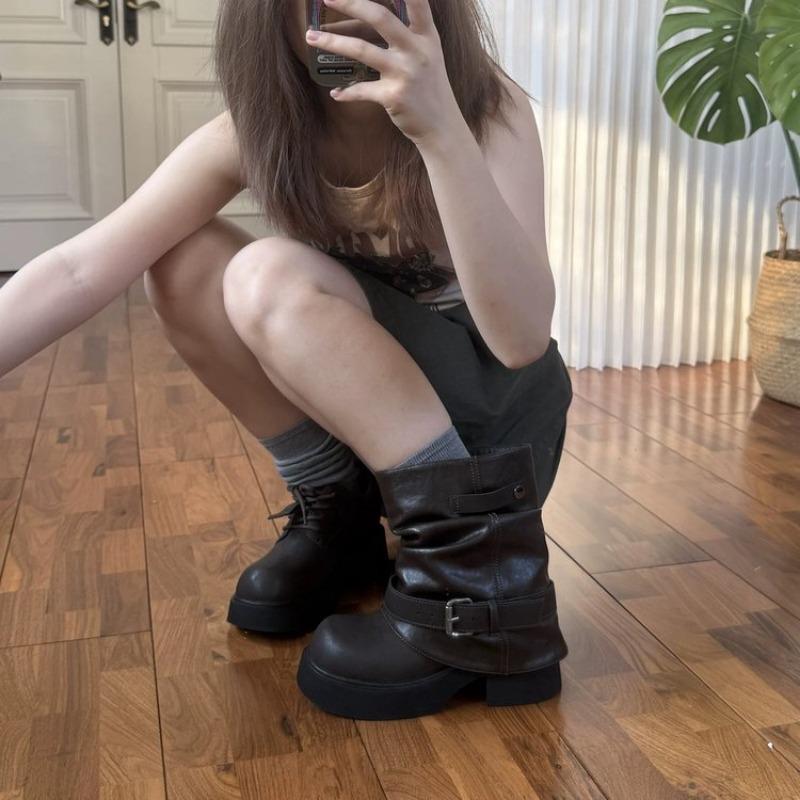 Cowhide version~ thick-soled trouser boots two wear belt buckle short boots round head retro stacking boots women's western boots medium boots