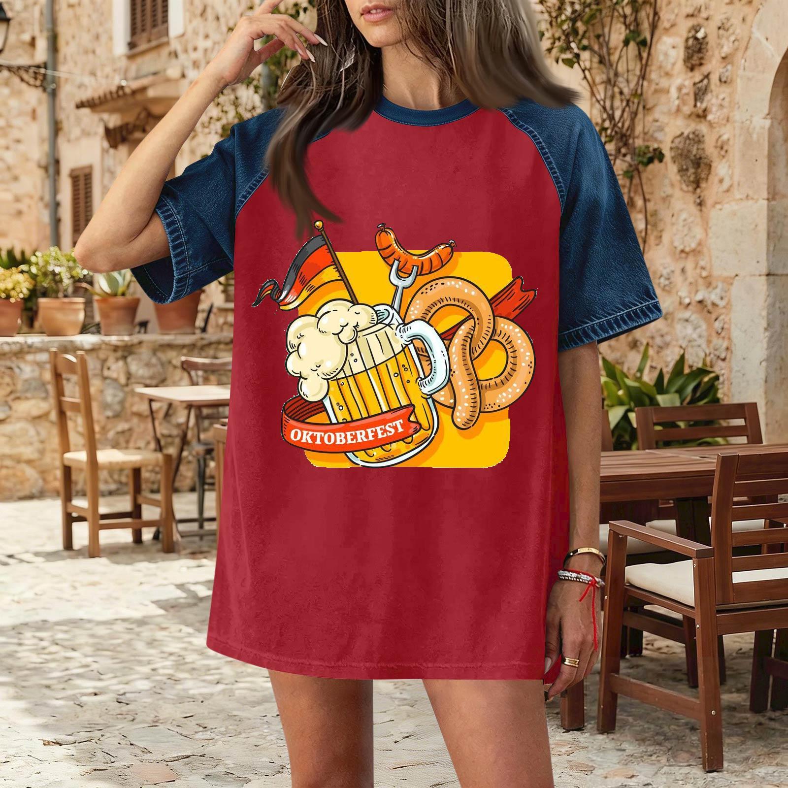 

Women s Casual Denim Patchwork Oktoberfest Print Short Sleeve T Shirt Comfortable Loose Fit Tee Top for Daily Wear M красный