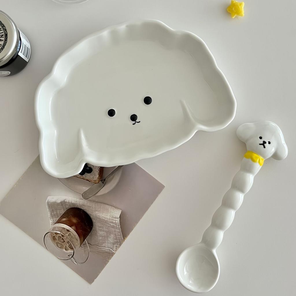 Koreansk Söt Hundformad Salladsskål Skedset Sovsal Nudelskål Keramisk Soppskål Med Handtag Kawaii Keramisk Tallrik Rätt