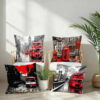 London Red Bus Print Pillow Case Short Plush Double-sided Print Square Throw Pillow Covers Sofa Home Cushion Decor