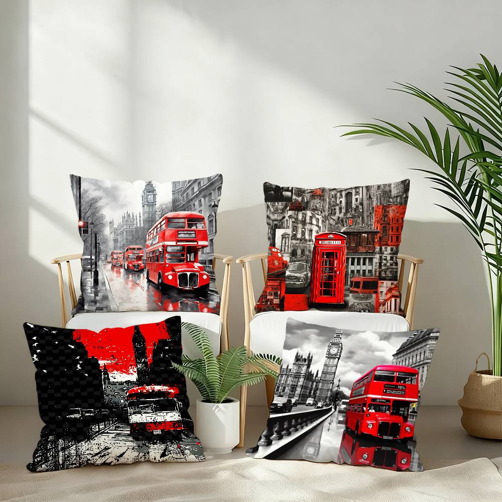 Federa Cuscino Stampa Autobus Rosso di Londra Peluche Corto Stampa Double-sided Copricuscini Quadrati Decorazione Cuscino per Divano Casa