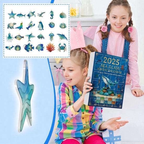Kalendarz Adwentowy Odliczający do Świąt Bożego Narodzenia 2025 24 Dni Ozdoby Ręcznie Robione ze Szkła Morskiego Figurki Zwierząt Oceanicznych Kalendarze Adwentowe na Choinkę