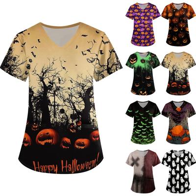 Women's Halloween Print Loose Fit V Neck Short Sleeve Scrub Top with Pockets Casual Medical Uniform Shirt for Healthcare Professionals