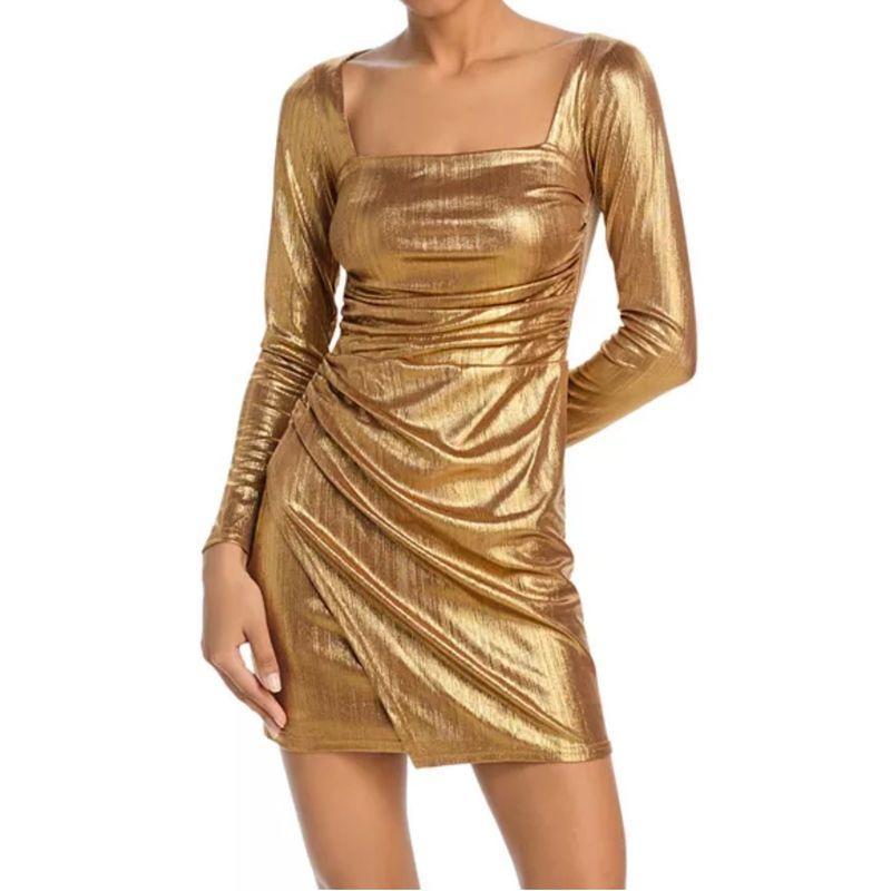 

Export Single AQ Home Fashion Stage Banquet Square Collar Expose Clavicle Long Sleeves Bright Silk Thread Ruched Slimming and Short Dress Gold 2XL