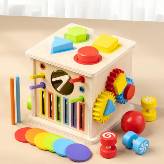 Baby Busy Cube Toy Color Shape Sorting Fine Motor Skills 8-In-1 Wooden Activity Cube Travel Portable Toddlers Educational Interactive Sensory Cube