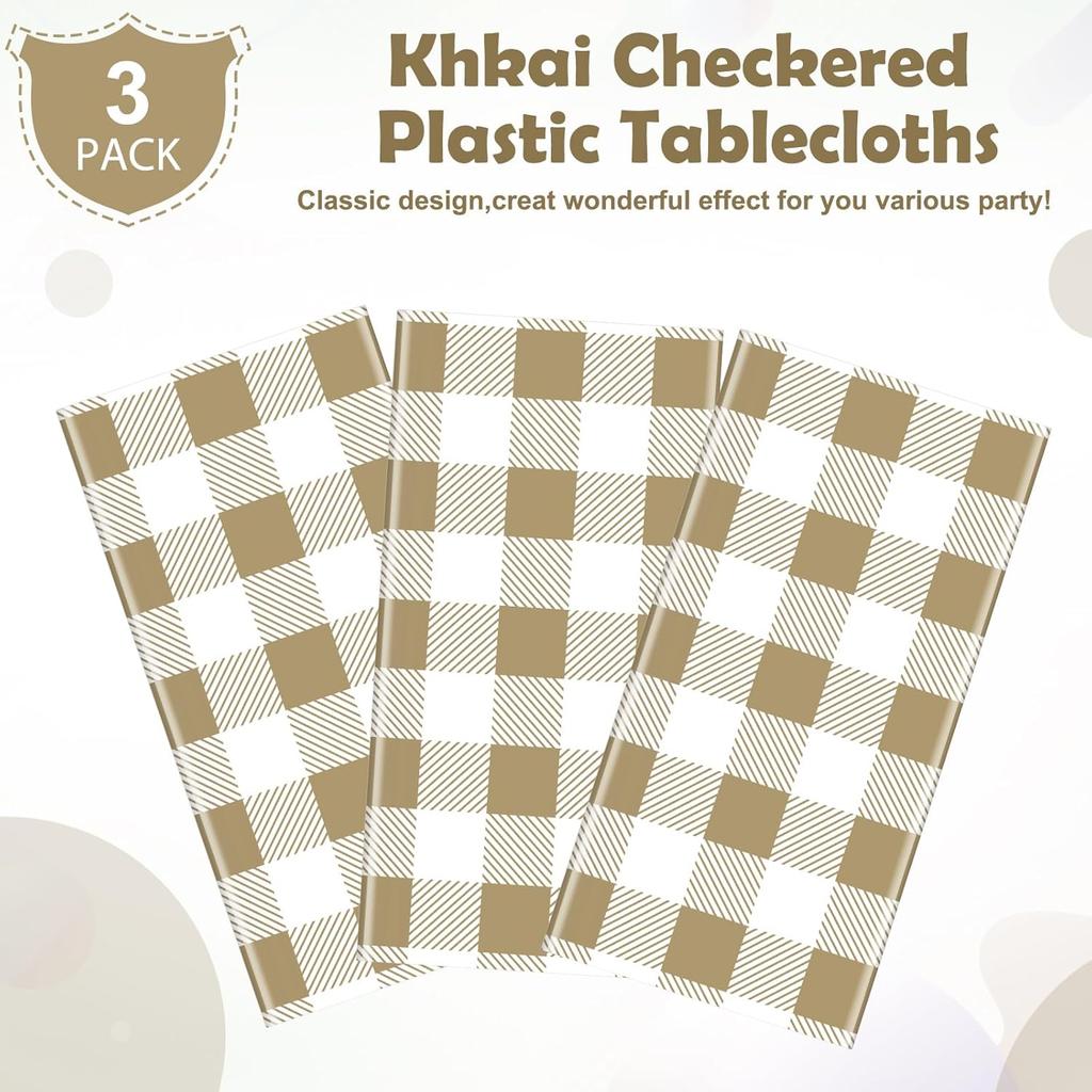 Hallswl 3pcs Khkai Gingham Tablecloth,Brown Beige Checkered Tablecloths Buffalo Plaid Disposable Plastic Table Covers for Birthday Baby Shower Bridal