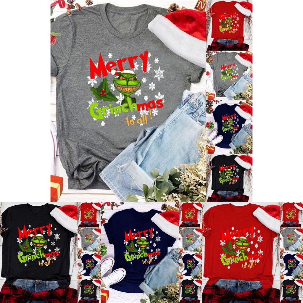 Women Christmas Grinch Short Sleeve T-shirt Tops With Trendy Crew Neck Design