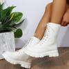 Boots Women 2025 Autumn Winter PU Leather White Ankle Boots Motorcycle Botines Female Chunky Heels Platform Boots Botas Mujer