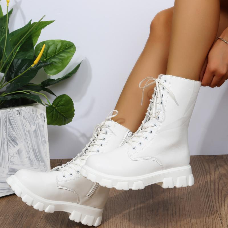 Boots Women 2025 Autumn Winter PU Leather White Ankle Boots Motorcycle Botines Female Chunky Heels Platform Boots Botas Mujer